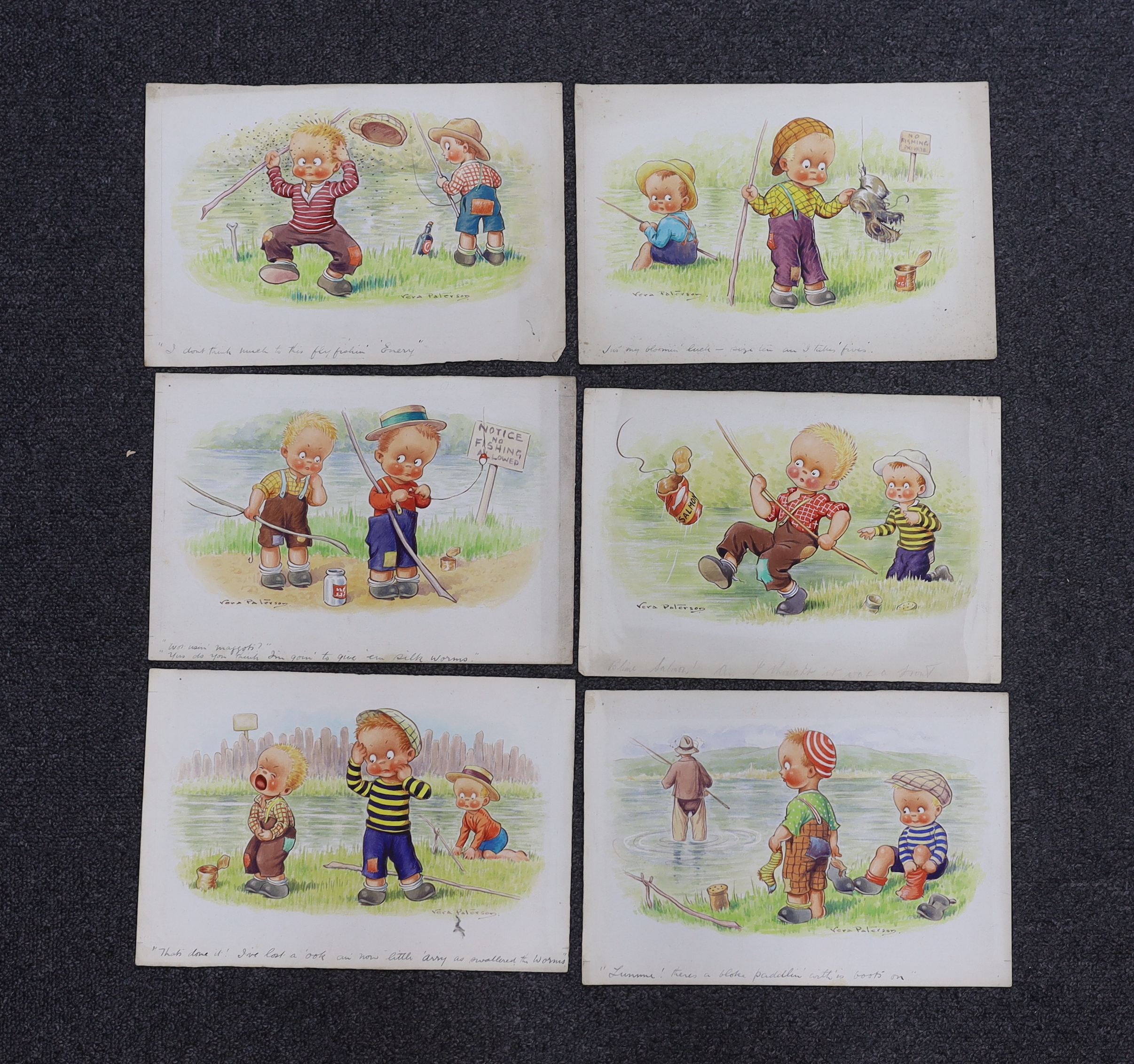 Vera Paterson (Reg Maurice), set of six 20th century watercolours on card, Humorous children, original postcard designs, signed and inscribed, 28 x 19cm, unframed